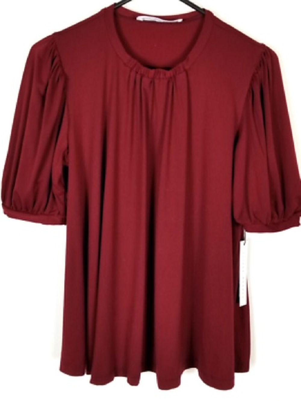 NWT Susana Monaco Women's Puff Short Sleeve Pleated Round Neck Top - Burgundy, M